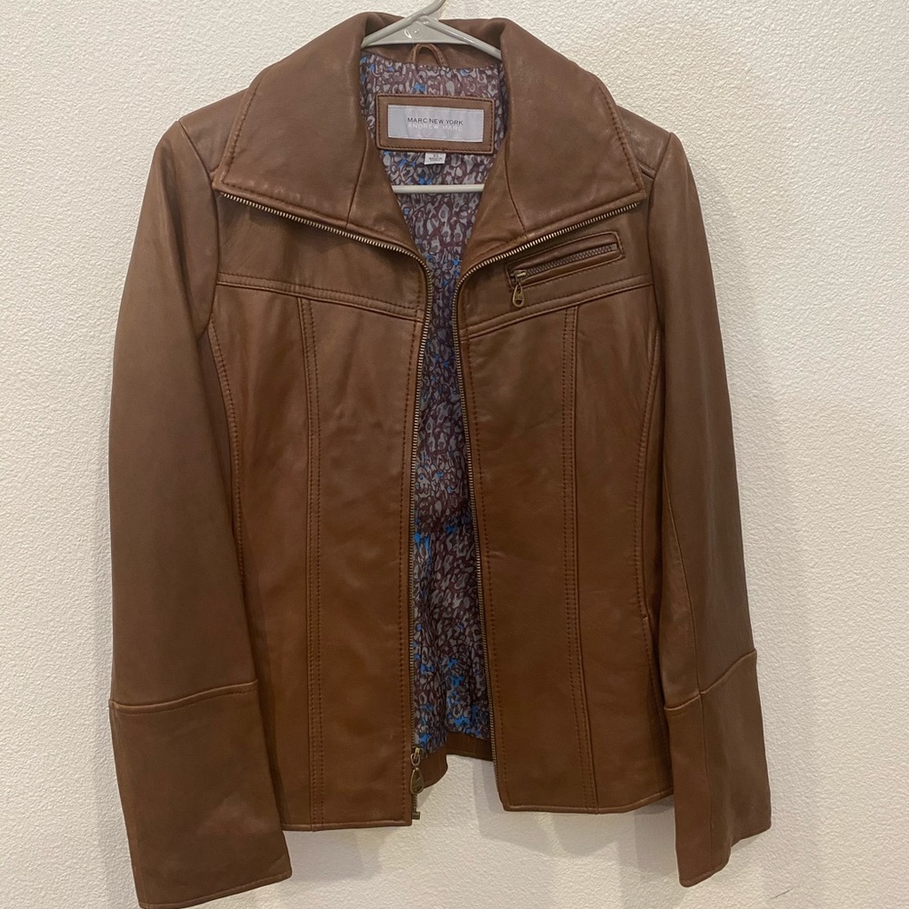 100% andrew marc lambskin leather jacket in brown
